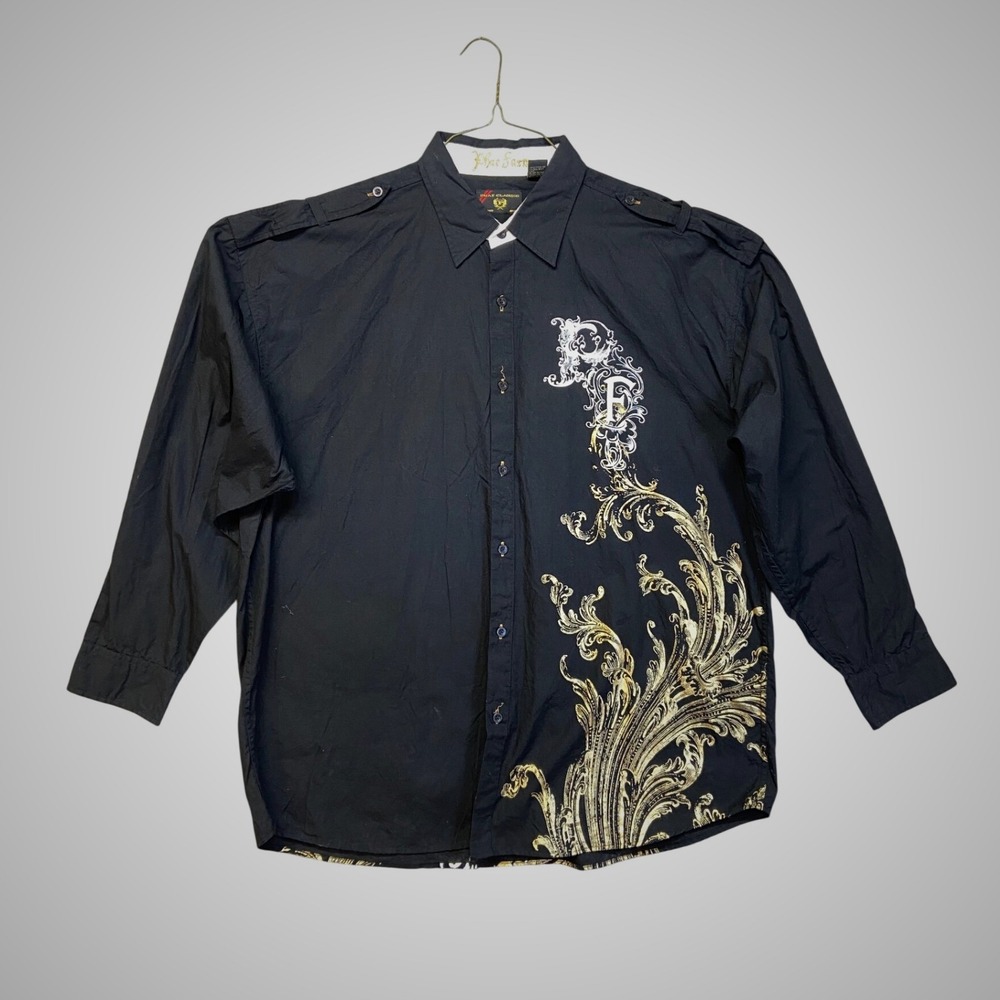 Phat Farm Button Down Shirt Mens 3XL Black Gold Graphic Phat Classics Excellent
